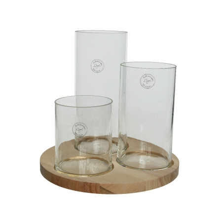 SET 3 VASI TRASPARENTI CON BASE LEGNO