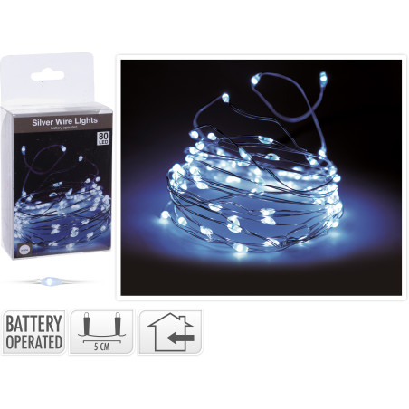 80 LED BIANCO BATTERIA CAVO ARGENTO