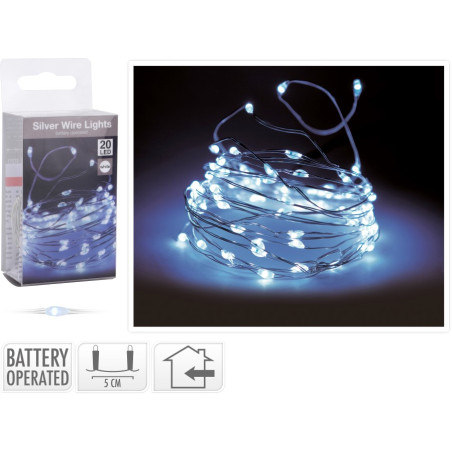 20 LED BIANCO BATTERIA CAVO ARGENTO