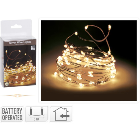 80 LED BIANCO CALDO BATTERIA CAVO ARGENTO