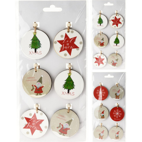 SET 6 PENDENTI NATALE LEGNO 5CM 2 ASSORTITI