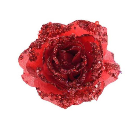 ROSA CON CLIP E GLITTER RED D14CM